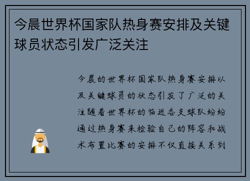 今晨世界杯国家队热身赛安排及关键球员状态引发广泛关注