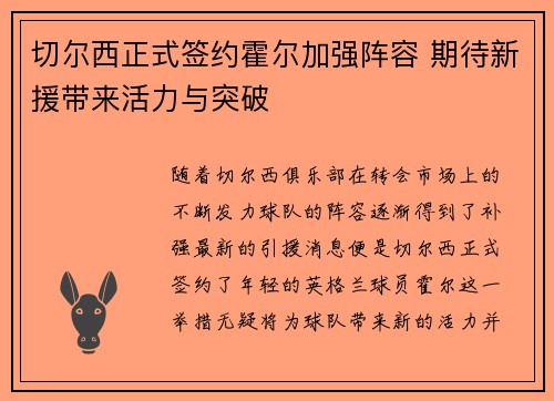 切尔西正式签约霍尔加强阵容 期待新援带来活力与突破 切尔西正式签约霍尔加强阵容 期待新援带来活力与突破