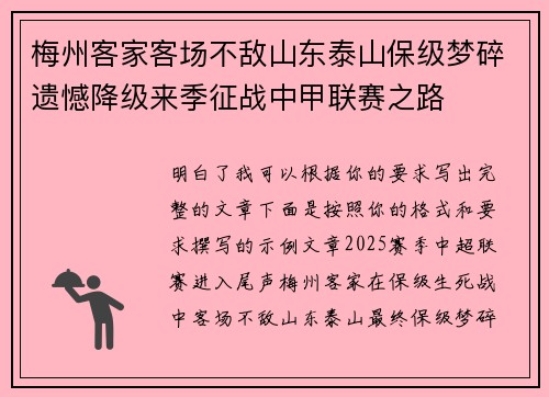 梅州客家客场不敌山东泰山保级梦碎遗憾降级来季征战中甲联赛之路